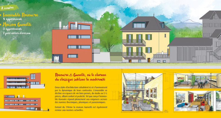 Situation :  Immeuble neuf situé au c&oelig;ur du quartier historique de Glarey à Sierre.    La construction s&rsquo;installe dans un parc arboré qui structure son environnement naturel. image 3